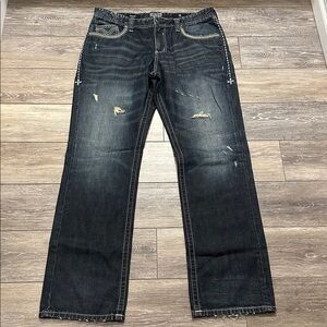 Affliction Grant Men’s Jeans Embroidered Distressed Dark Wash 36 Long 36x34